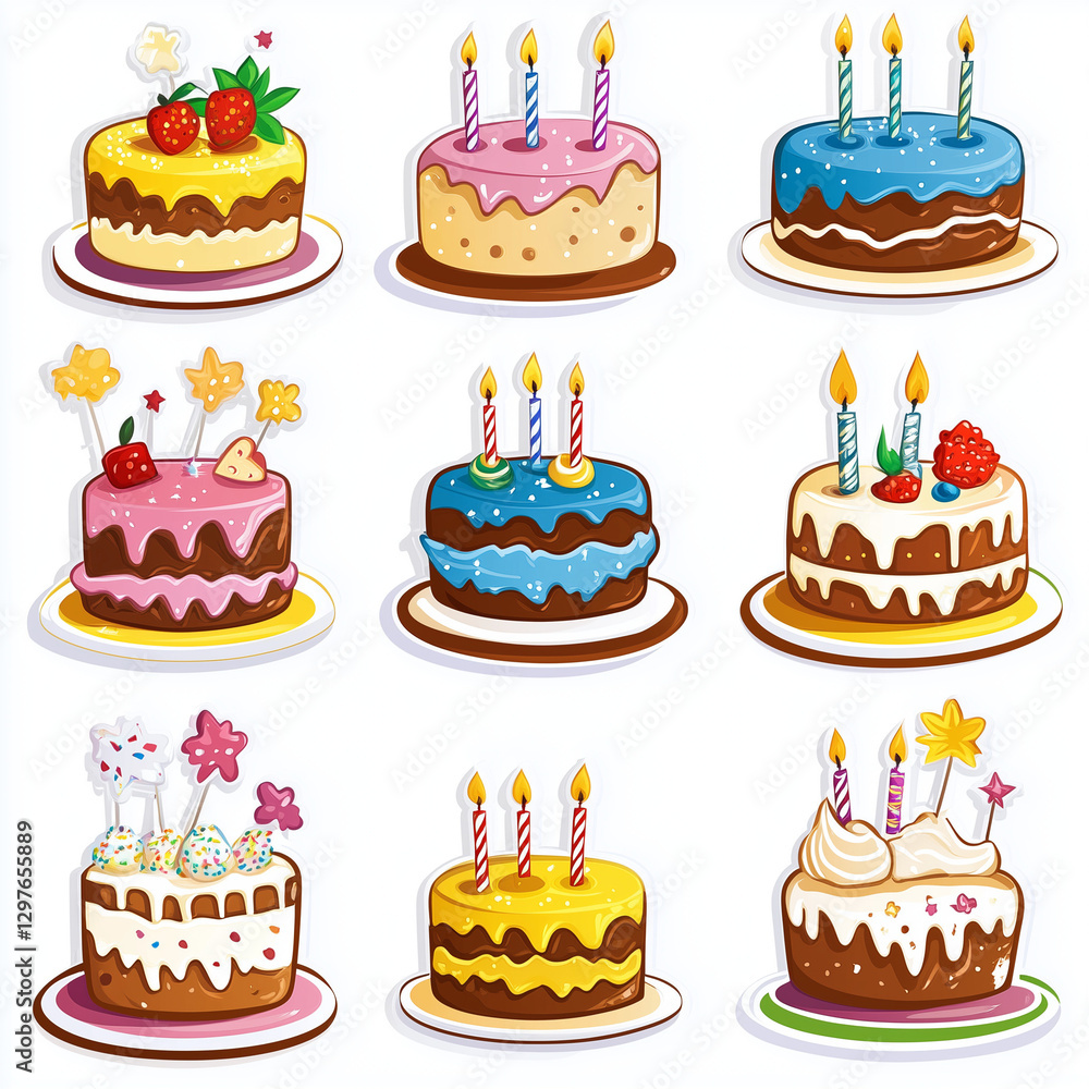 Set of Delicious Birthday Cakes with Candles – Cut Out for Celebration and Special Occasions