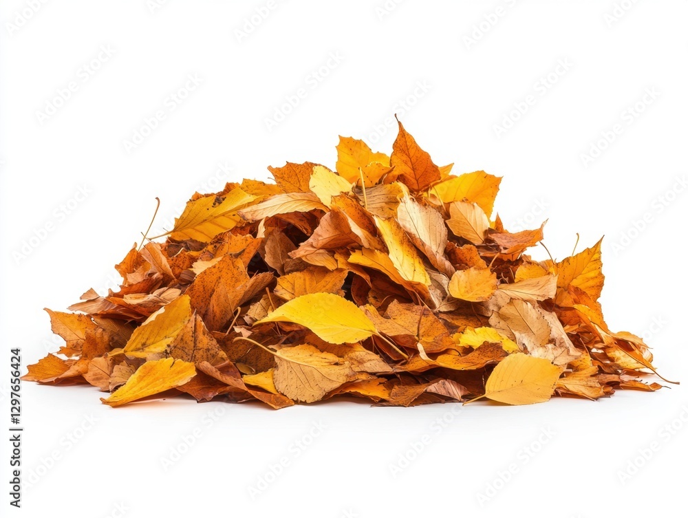 Autumnal heap of vibrant golden foliage on pristine white backdrop capturing the essence of fall season Autumnal heap of vibrant golden foliage on pristine white backdrop capturing the essence of fall season