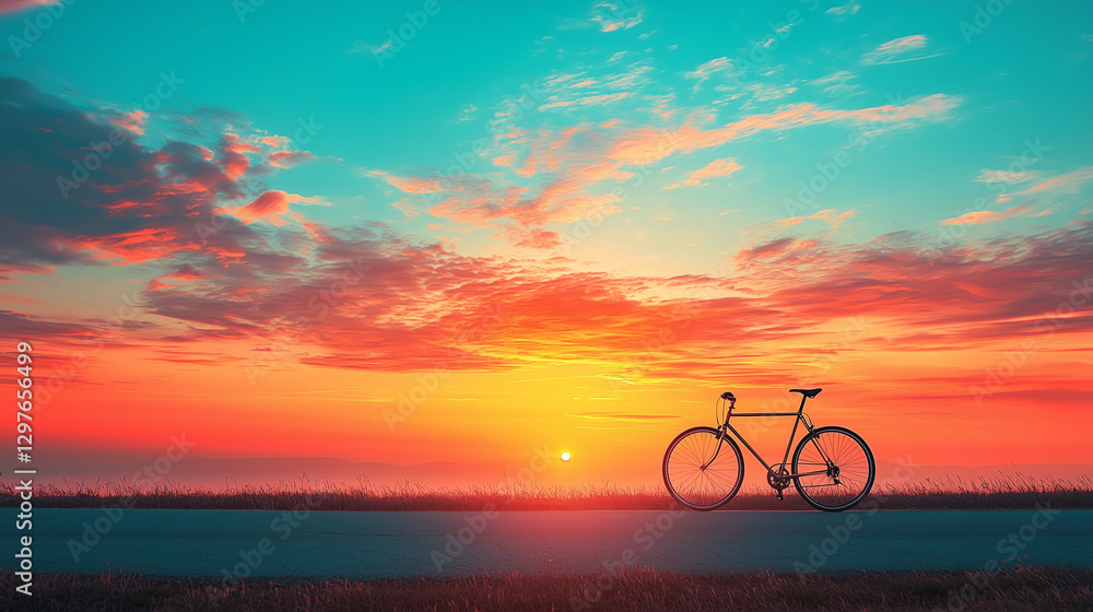 Fototapeta premium Serene Sunset Landscape with Bicycle Perfect for Travel Nature and Wellness Designs