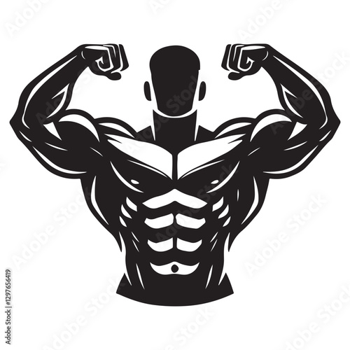 Front Facing Bodybuilder Silhouette Vector with Extreme Muscularity