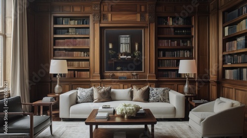 Opulent Library Interior Design: A Luxurious Reading Room with Rich Wood Paneling and Comfortable Seating