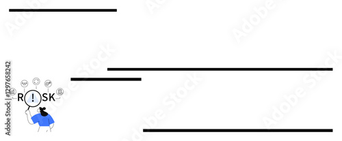 Woman examining RISK with a magnifying glass surrounded by icons of emotions and decisions. Ideal for strategy, analysis, decision-making, evaluation, problem-solving, emotions, and abstract line