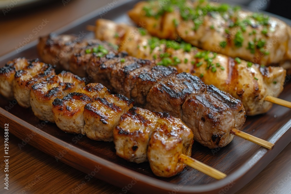 Mixed grill skewers with chicken, pork and beef grilling on wooden sticks Mixed grill skewers with chicken, pork and beef grilling on wooden sticks