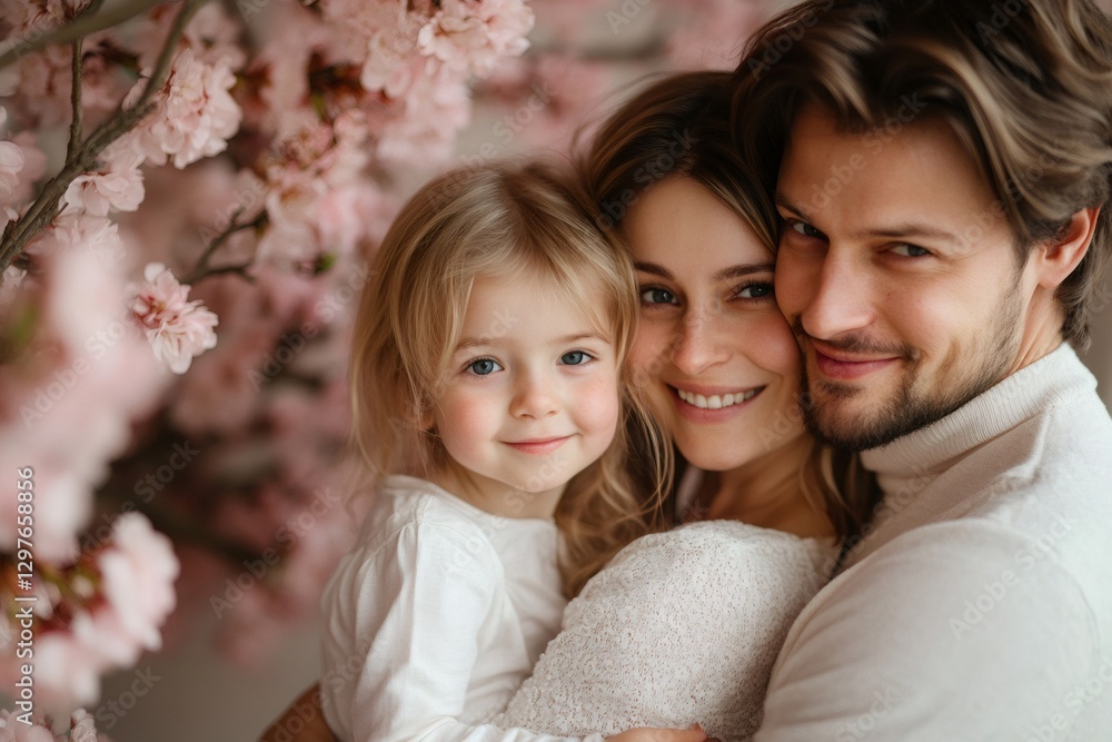 Happy family posing near blooming sakura tree Happy family posing near blooming sakura tree