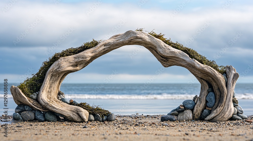 A driftwood arch framed by small stones on a beach setting A driftwood arch framed by small stones on a beach setting