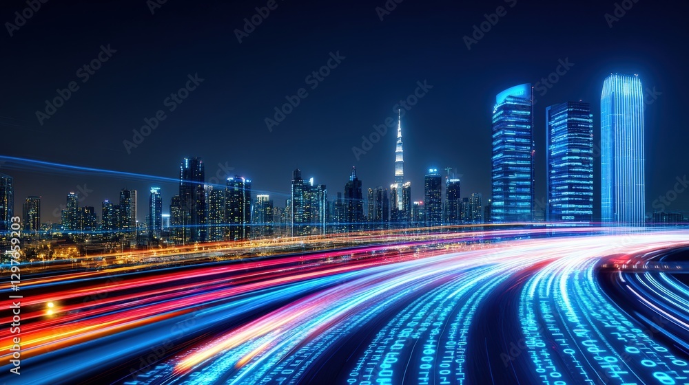 Fototapeta premium High-tech night shot of futuristic skyline cityscape long exposure photography urban environment aerial view midjourney concept