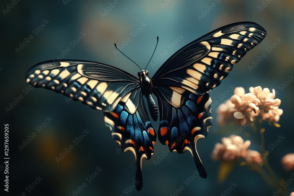 Fototapeta premium Monarch butterfly displaying vibrant orange and black wings against a soft blurred background, a symbol of transformation and nature's beauty