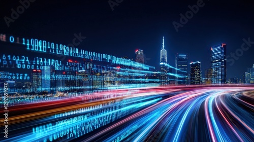 High-tech nightscape city skyline long exposure photography urban environment dynamic view futuristic concept