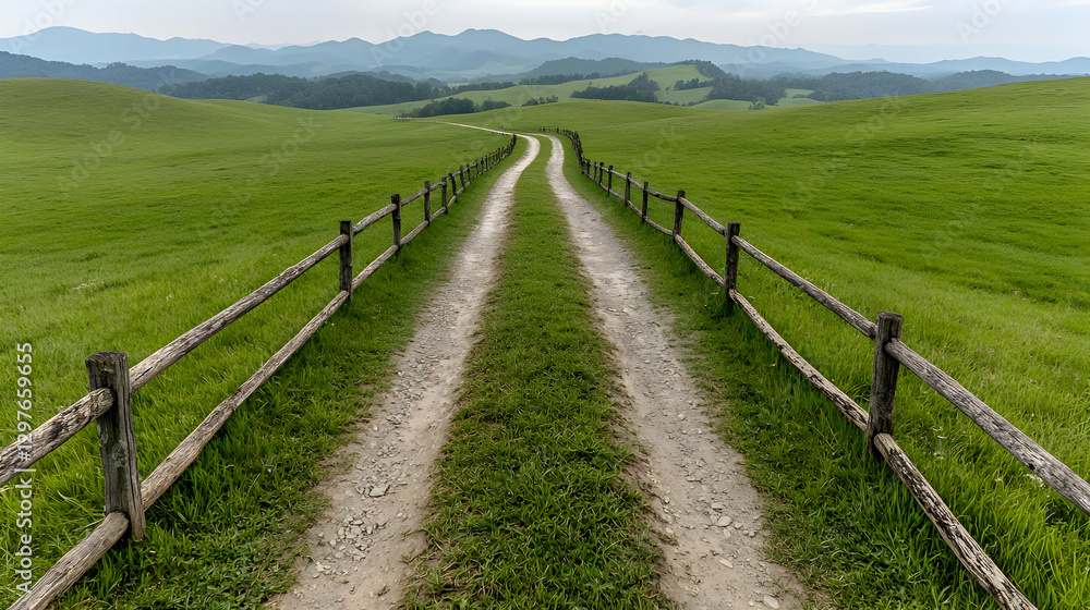 Scenic country road through green hills, mountains backdrop. Landscapes use Scenic country road through green hills, mountains backdrop. Landscapes use