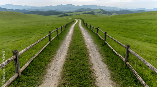 Scenic country road through green hills, mountains backdrop. Landscapes use