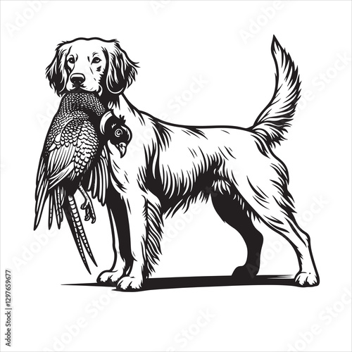 vector  hunting labrador retriever/ Brittany Spaniel dog standing and holding a duck in its mouth