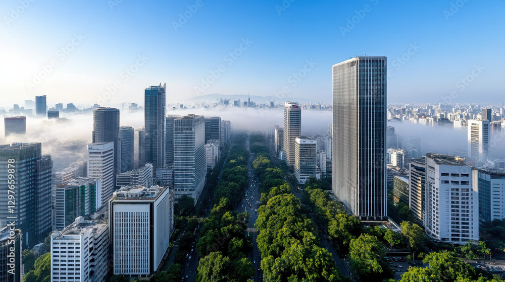 Fototapeta premium city skyline shrouded in smog, showcasing urban pollution effects