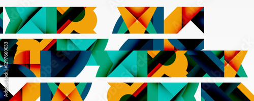 Abstract geometric artwork with interwoven angular and curved shapes, dynamic composition with smooth gradients and bold contrasts