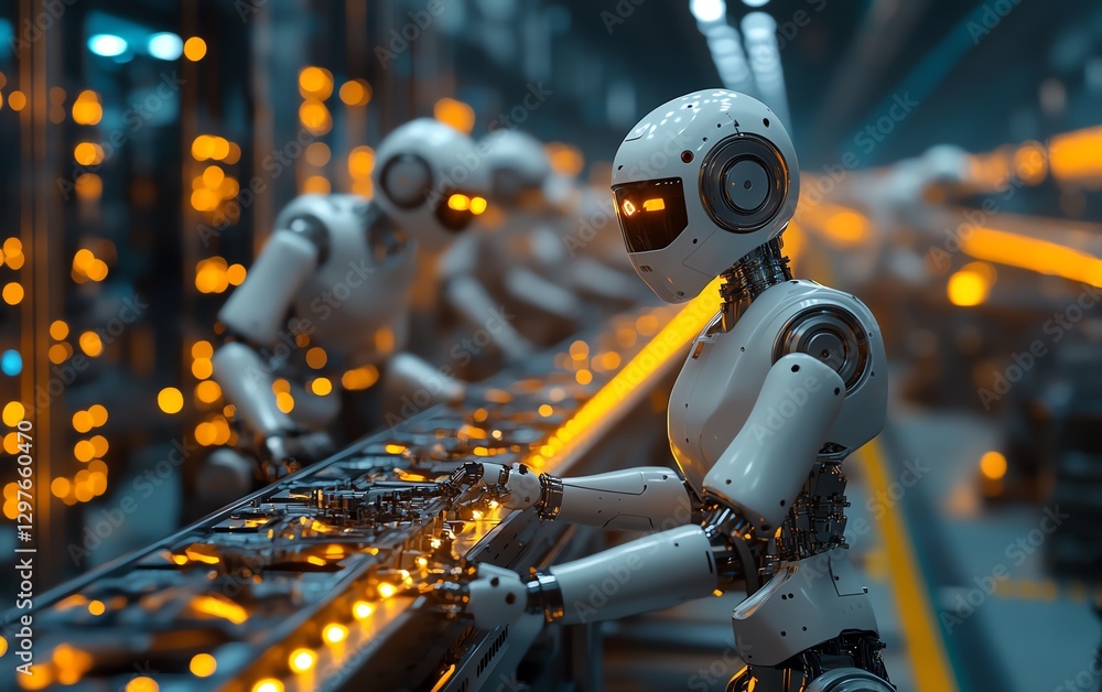 Fototapeta premium Hypermodern factory with robot workers assembling futuristic gadgets