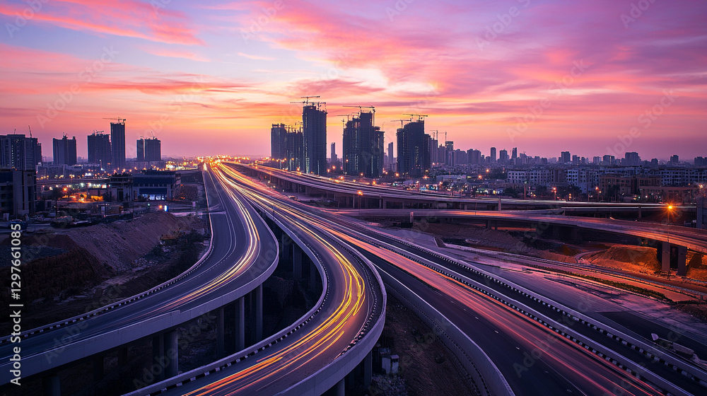 Fototapeta premium Stunning cityscape highway at sunset with modern buildings road view urban night speed lights motion