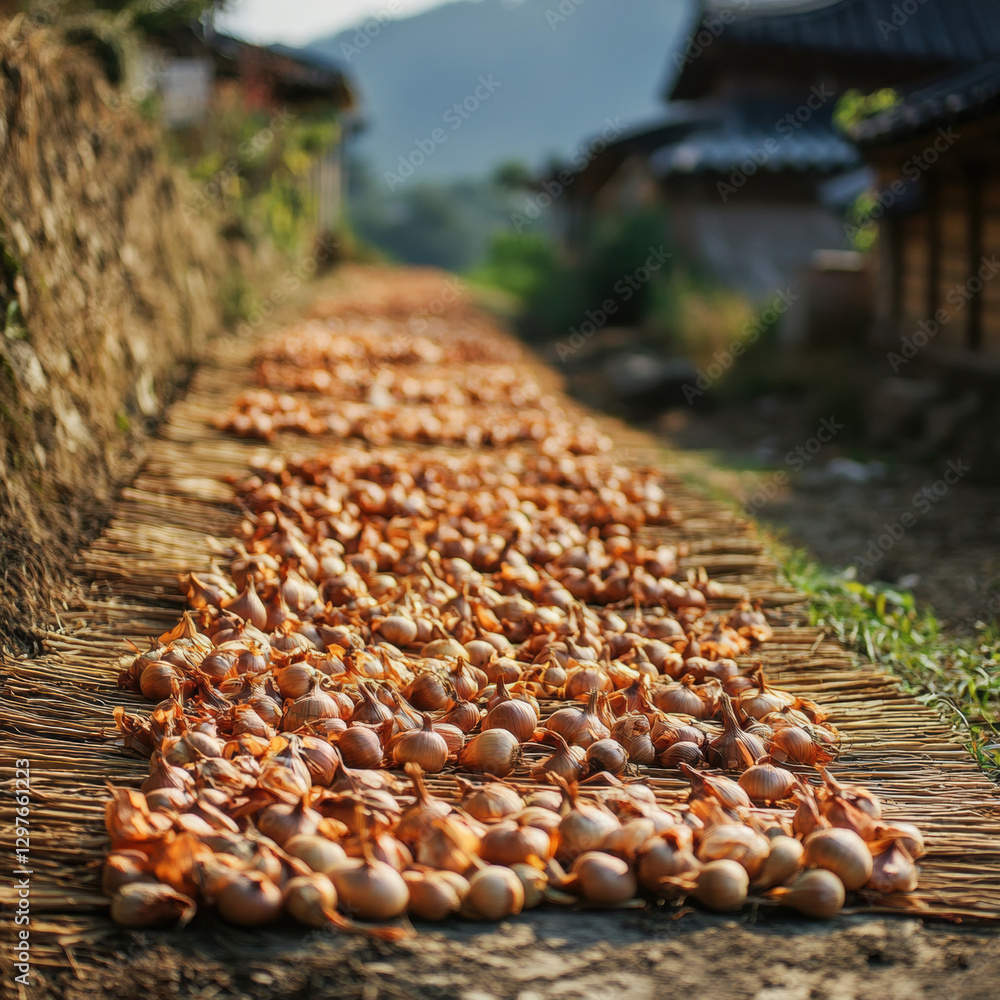 Obraz premium Close-up of organic garlic and spices piled together on the market with a natural brown and white color palette, featuring dried seeds and mustard, creating a rustic, earthy feel