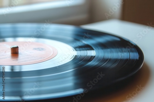 sleek black vinyl record spinning against a crisp white background its grooves catching faint light a minimalist nod to music and nostalgia