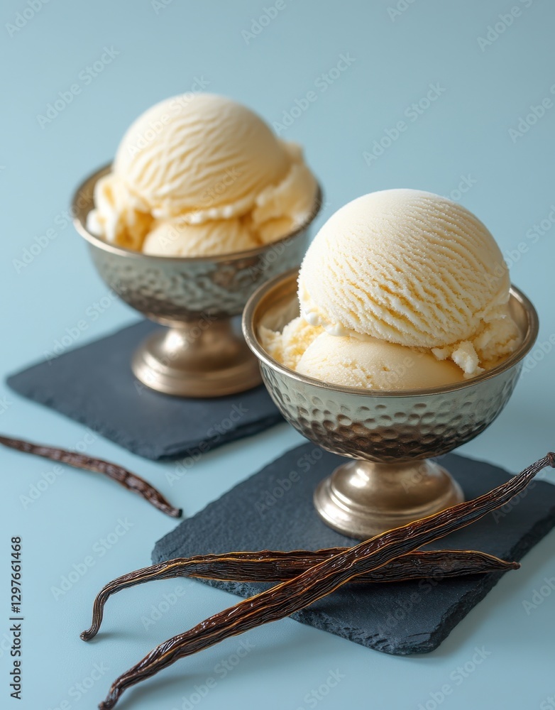 Fototapeta premium Creamy vanilla ice cream scoops in elegant metallic bowls on slate coasters with vanilla pods set against a soothing blue background