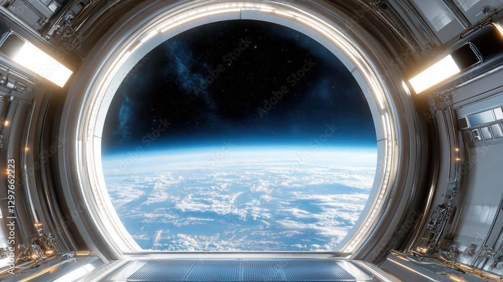 stunning view of Earth from futuristic space station window, showcasing vastness of space and stunning view of Earth from futuristic space station window, showcasing vastness of space and