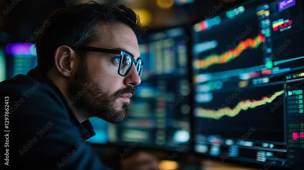 Focused man analyzing financial data on multiple computer screens work charts graphs market office Focused man analyzing financial data on multiple computer screens work charts graphs market office