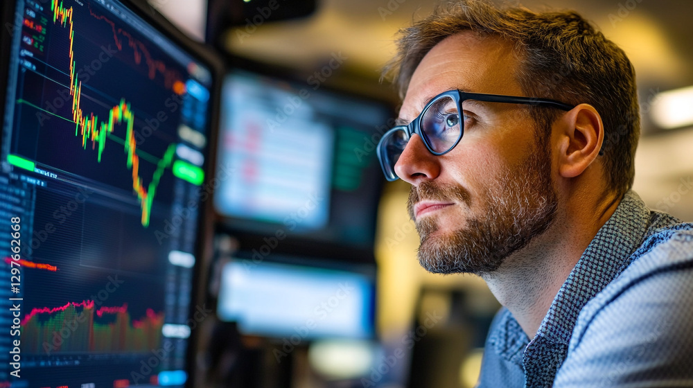 Focused businessman analyzing stock market data on multiple computer screens in a modern office work Focused businessman analyzing stock market data on multiple computer screens in a modern office work