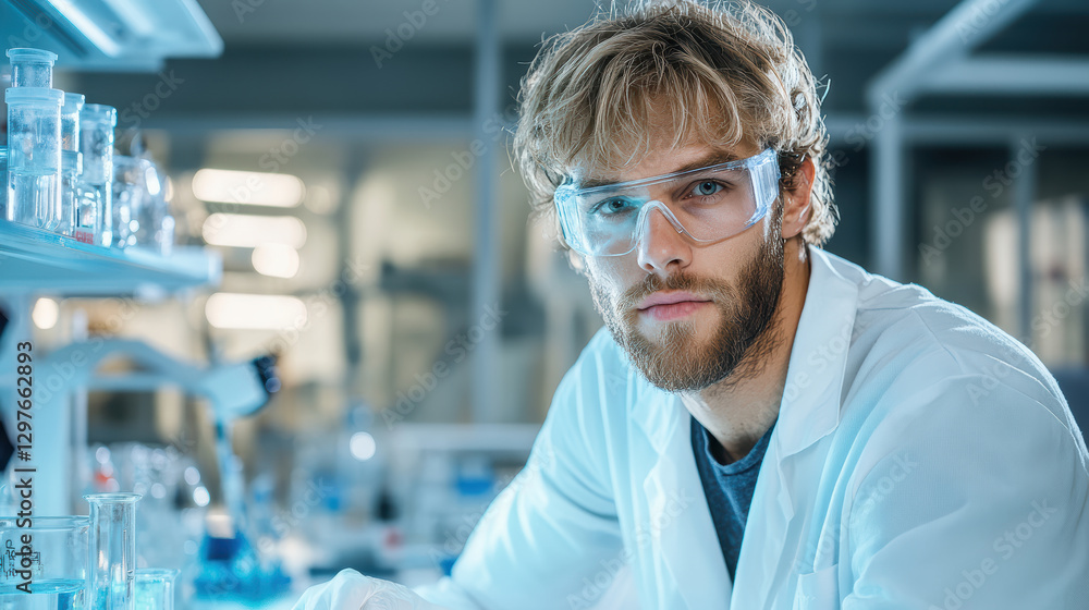 focused scientist in lab coat examines samples in modern laboratory focused scientist in lab coat examines samples in modern laboratory