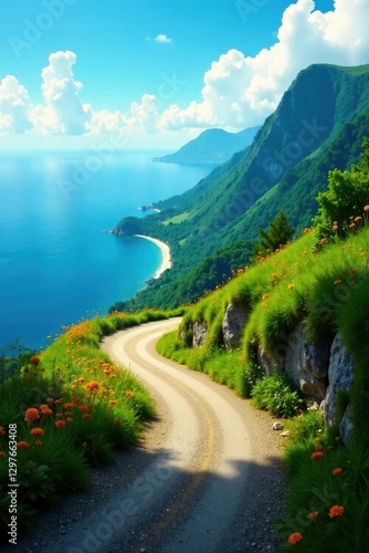 Serene Coastal Drive Winding Through Lush Mountainside Meadows on a Sunny Day