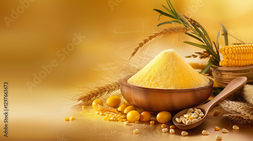 Wooden bowl filled with fine cornmeal on golden background