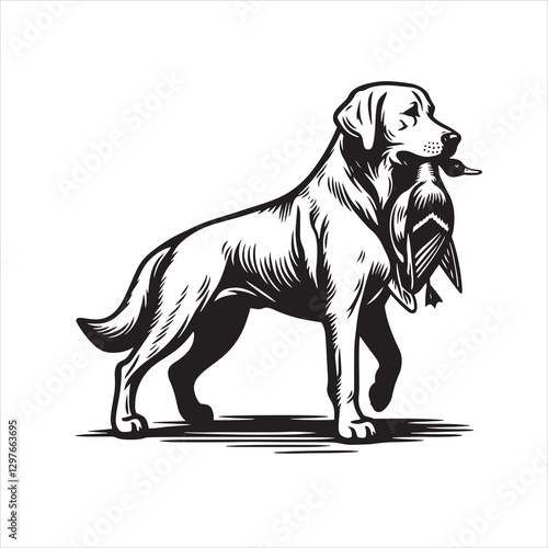 vector Labrador retriever/ Brittany Spaniel dog standing and holding a duck in its mouth