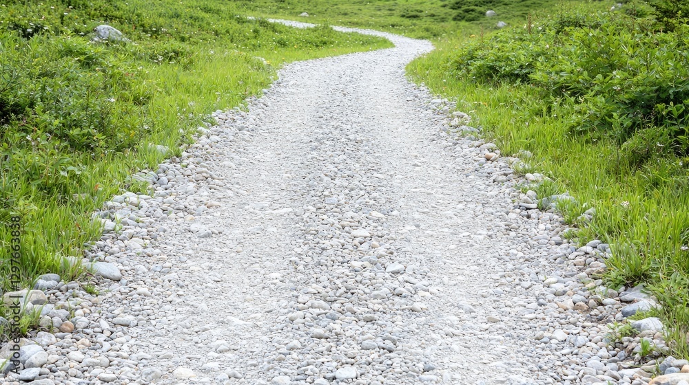 Winding gravel path through grassy mountainside. Possible use stock photography for travel or nature-related content