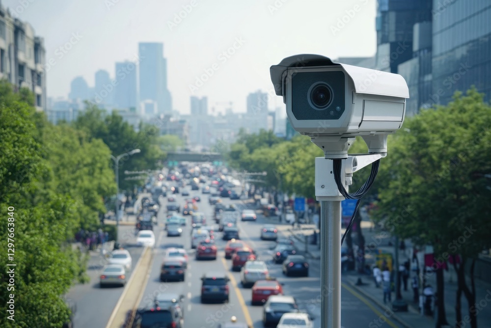 A street scene with a traffic camera on a pole A street scene with a traffic camera on a pole