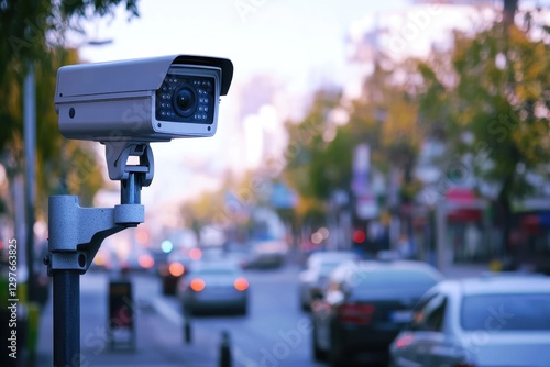 A street scene with a camera mounted on a pole