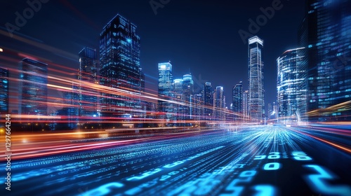 Dynamic light trails futuristic cityscape long exposure photography urban environment aerial view vibrant technology