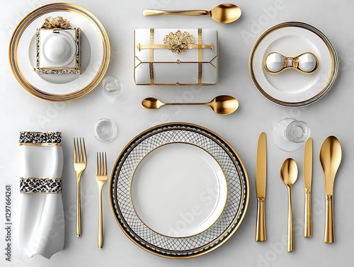 Elegant dining table setting with gold accents modern home tableware minimalist style aerial view