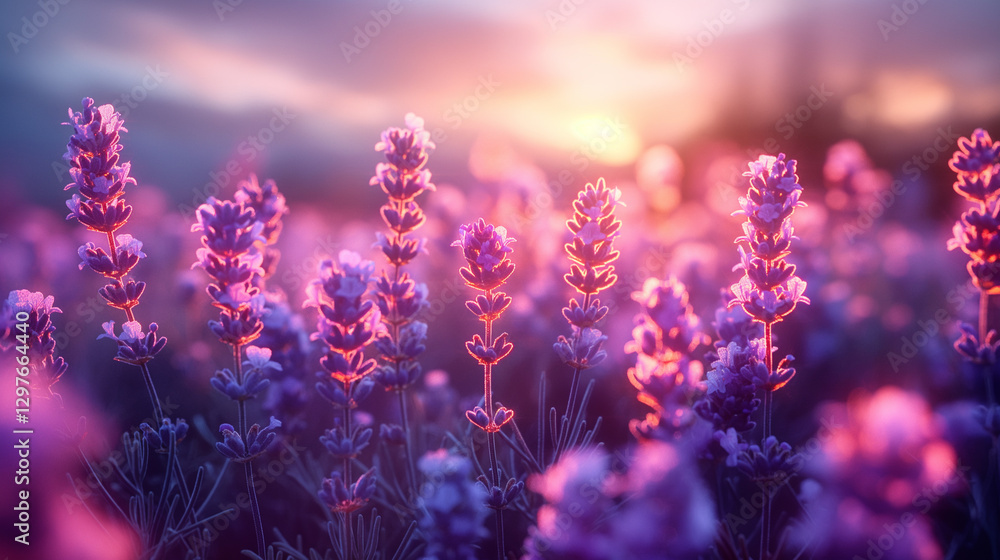 Fototapeta premium Purple lavender flowers stretching endlessly under a warm and peaceful sunset.
