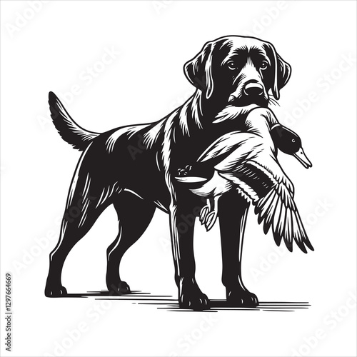vector Labrador retriever/ Brittany Spaniel dog standing and holding a duck in its mouth