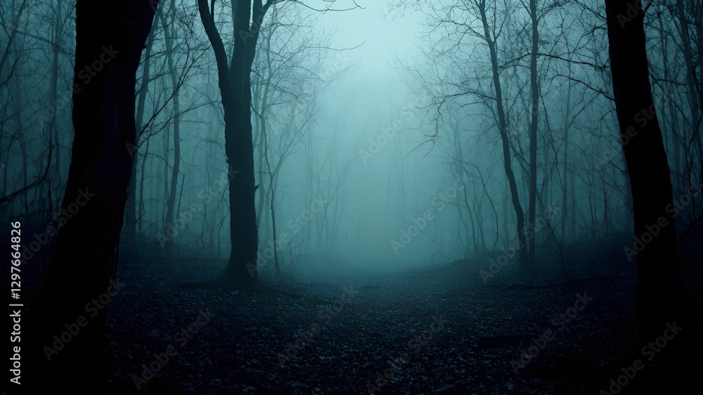 Fototapeta premium Dark desolate forest with dead trees, Broken braces, Scary.