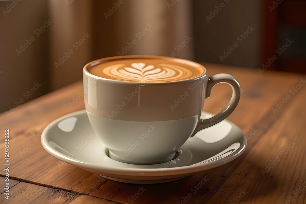 Fototapeta premium Latte art in white cup on wooden table with heart-shaped foam design