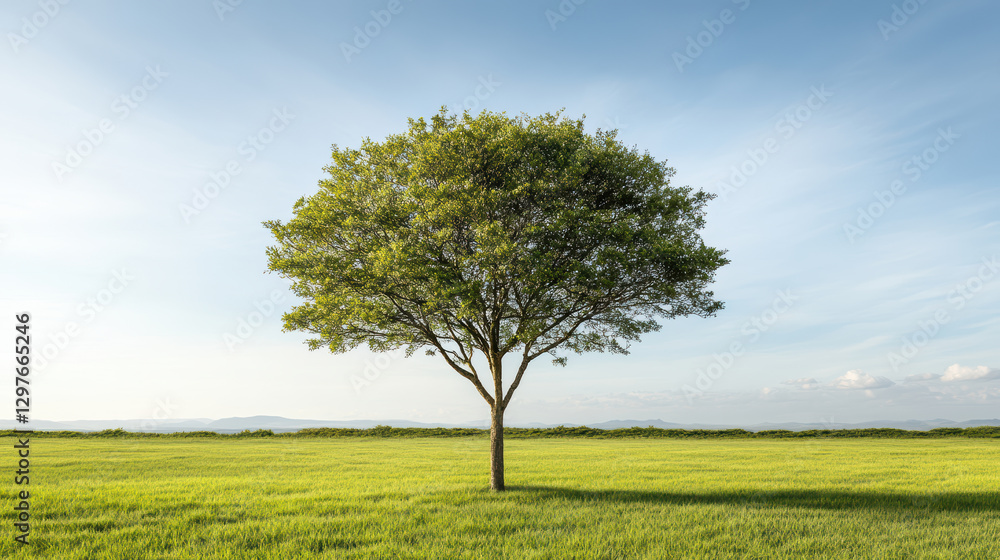 Obraz premium slow growing tree stands strong in vast green field under clear sky