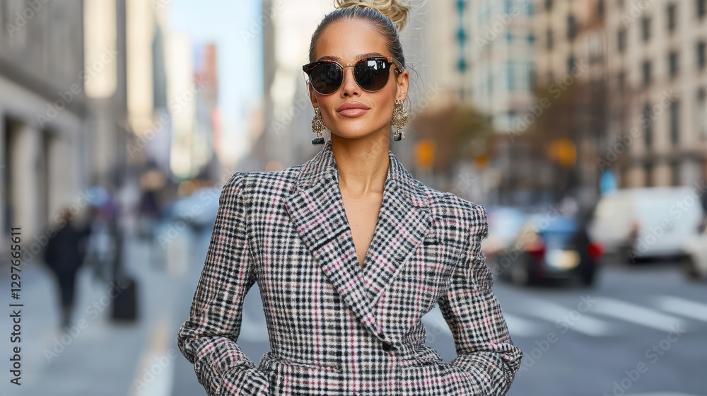 Obraz premium Stylish woman in checkered blazer and sunglasses walking in city