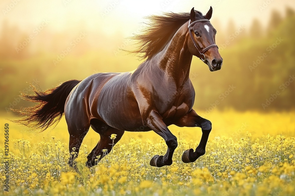 Obraz premium Majestic brown horse galloping freely through a sunlit meadow filled with wildflowers during a warm afternoon