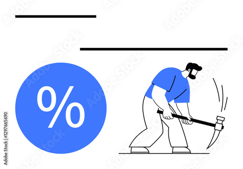 A man wearing a blue shirt chisels a large blue percentage symbol. Ideal for finance, investment, economic growth, debt reduction, interest rates, savings, hard work. Abstract line flat metaphor