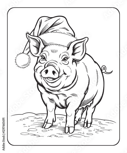 Pig with christmas hat coloring page for kids, black line art vector illustration on white background