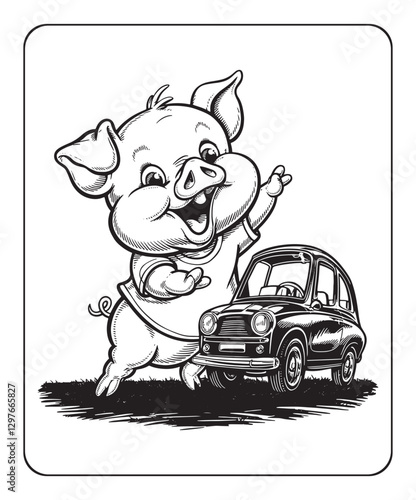 Pig with car coloring page for kids on white background
