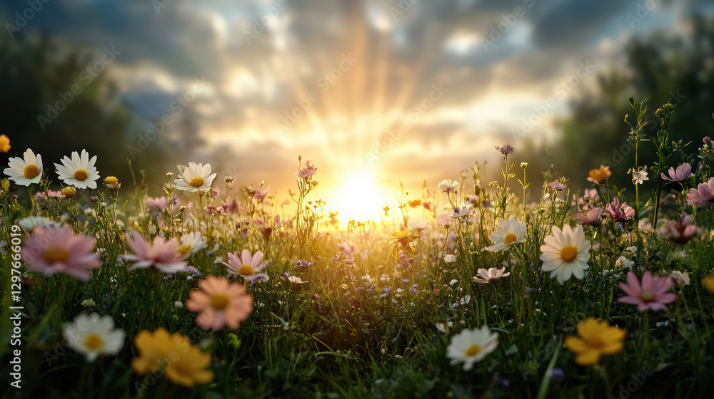 Obraz premium sunrise illuminating field of flowers, creating serene atmosphere