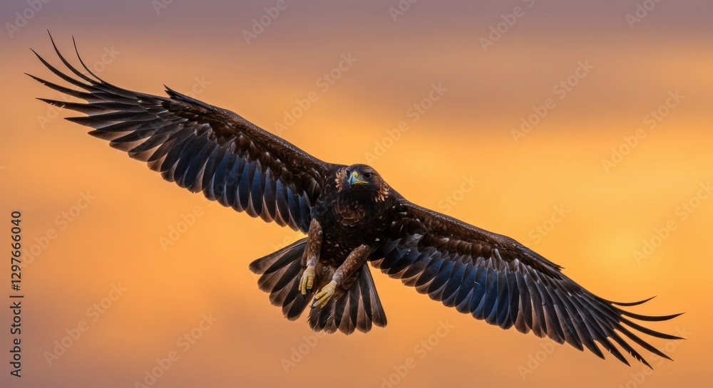 Fototapeta premium Majestic eagle soaring through a vibrant sunset sky, showcasing its wingspan and natural grace - mexican eagle