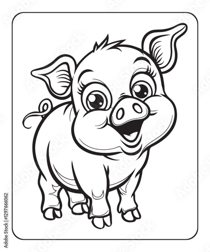 Pig coloring page for kids, black line art vector illustration on white background
