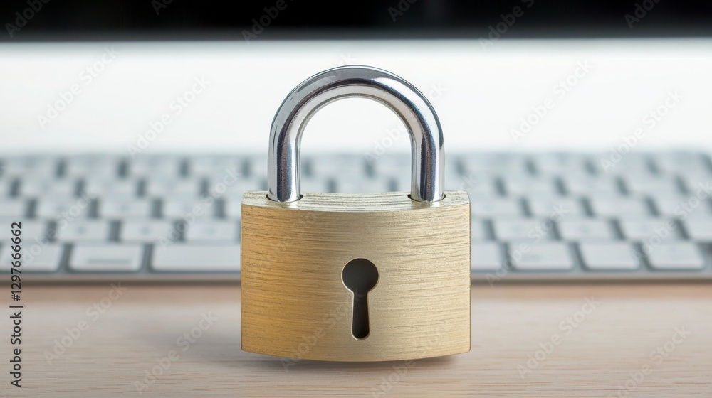 A close-up of a brass padlock placed on a wooden surface in front of a computer keyboard, symbolizing security and protection. A close-up of a brass padlock placed on a wooden surface in front of a computer keyboard, symbolizing security and protection.