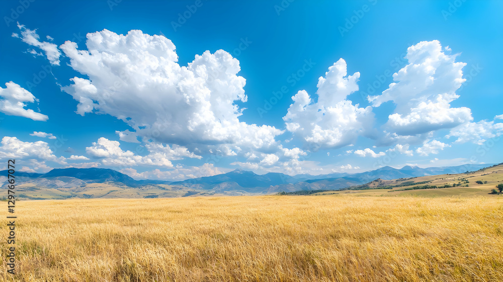 Golden Wheat Field under Blue Sky, Mountain View Golden Wheat Field under Blue Sky, Mountain View