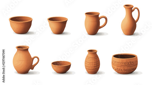 The image shows a digital illustration of eight different pieces of terracotta pottery against a pure white background.  The pottery includes bowls of varying sizes, mugs, and jugs, all exhibiting